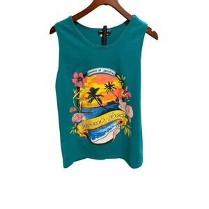 Vtg 90s Flying Colors Mens Teal Panama Jack Paradise Beach Graphic Tank Top sz L